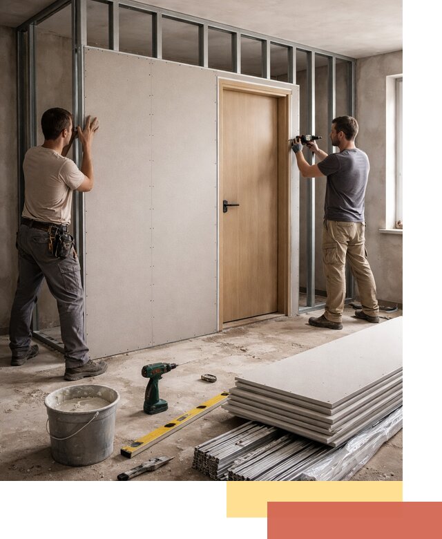 Перегородка из гипсокартона с дверью под ключ в Узловой