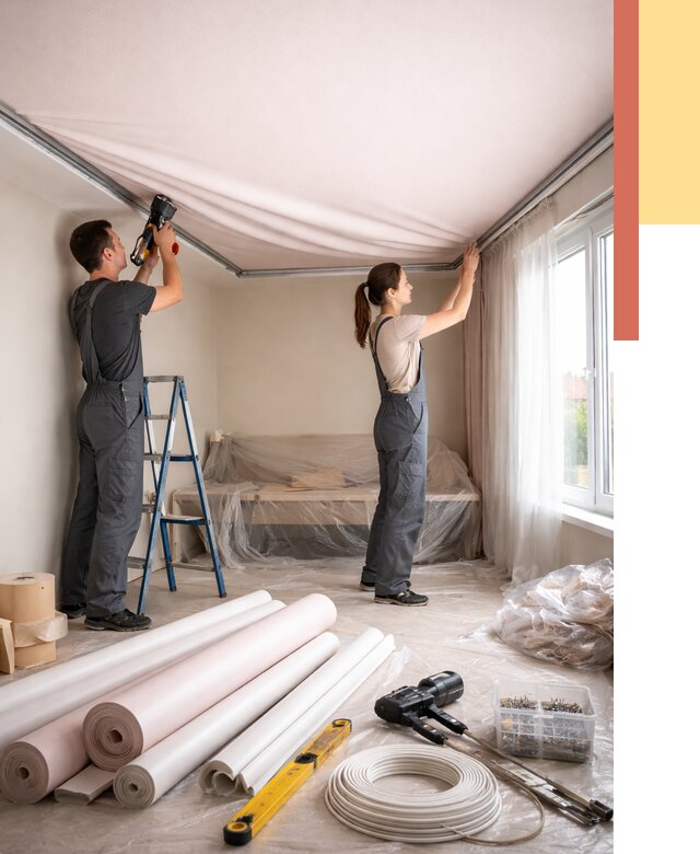 Монтаж цветного натяжного потолка в Узловой от 4278 руб/м² — быстро и недорого | ОТДЕЛОЧНИК-Злв