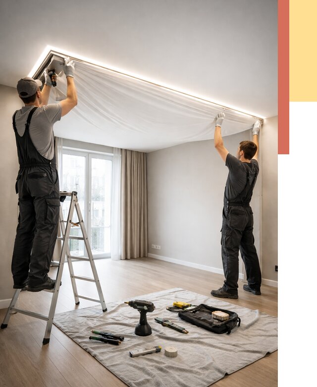 Монтаж парящего натяжного потолка в Узловой от 4583 руб. быстро и недорого | ОТДЕЛОЧНИК-Злв