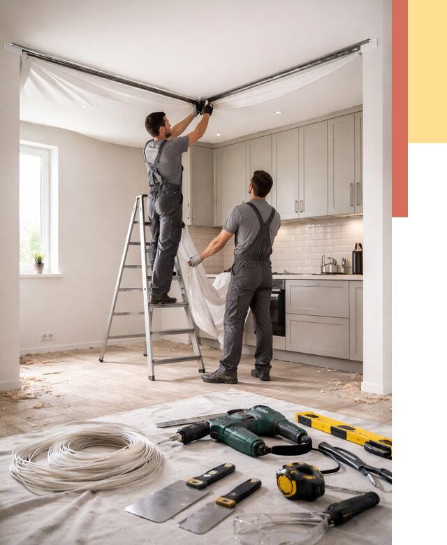 Установка натяжного потолка на кухне в Узловой от 2444 руб. | ОТДЕЛОЧНИК-Злв