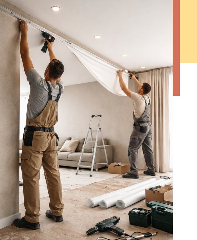 Монтаж натяжного потолка в гостиной в Узловой от 560 руб. | ОТДЕЛОЧНИК-Злв